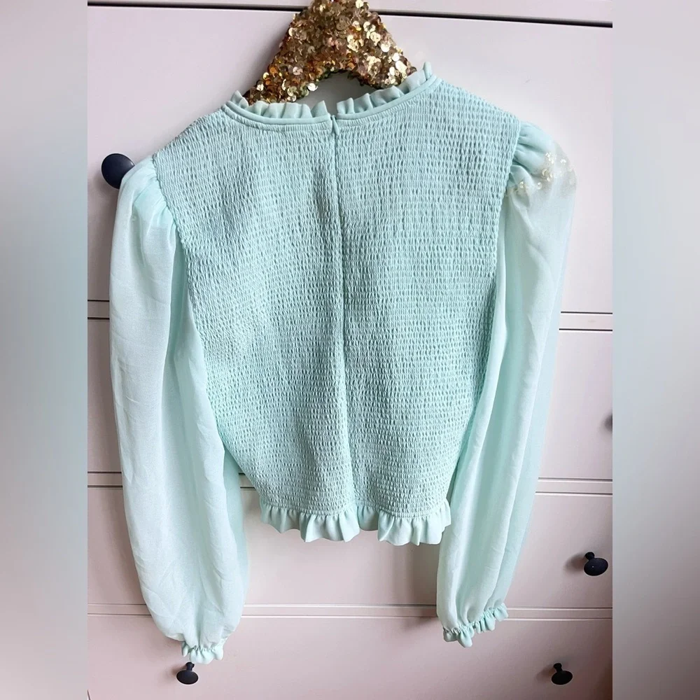 Aritzia Wilfred Pale Mint Smocked Chiffon Ruffle Temptest Top Cottagecore